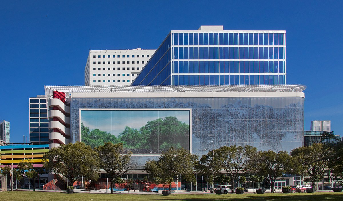 Architectural view of the All Aboard Florida building facade Miami, FL.