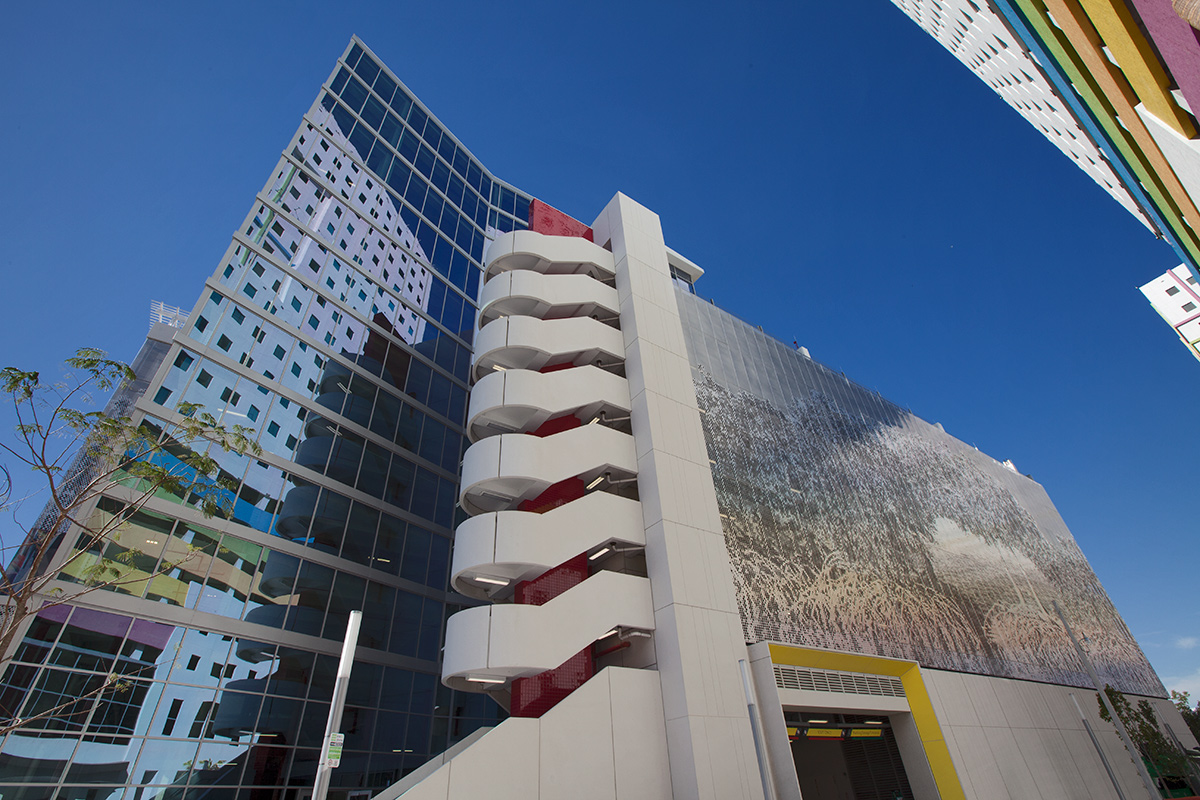 Architectural view of the All Aboard Florida building facade Miami, FL.