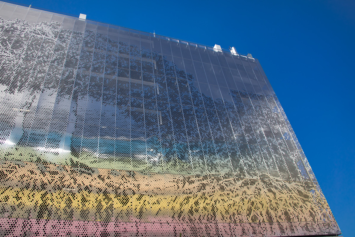 Architectural detail view of the All Aboard Florida building facade Miami, FL.