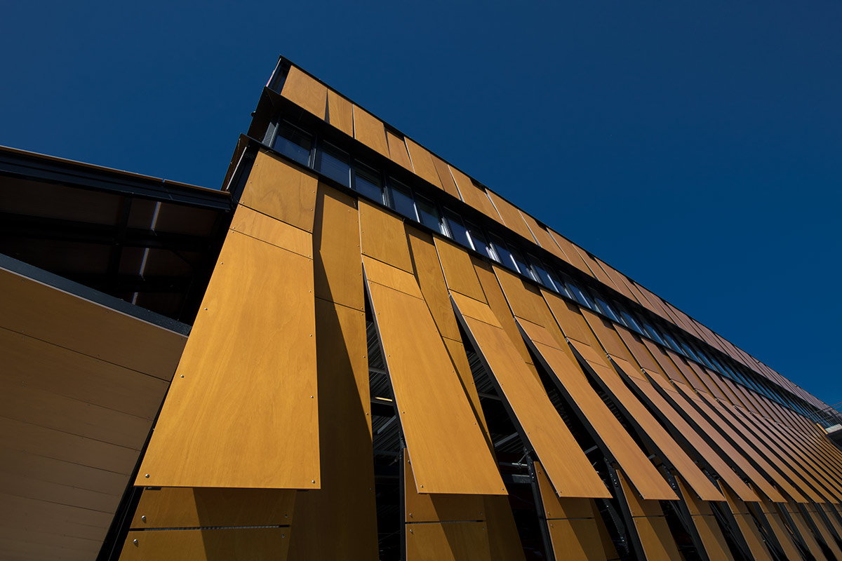 Architectural view of the Prodema facade of the Harry Parker Boathouse in Brighton, MA.