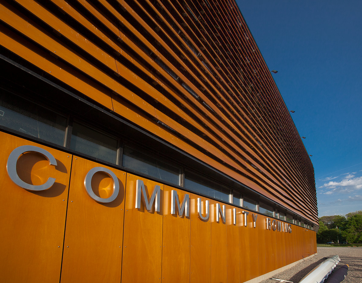 Architectural view of the Prodema facade of the Harry Parker Boathouse in Brighton, MA.