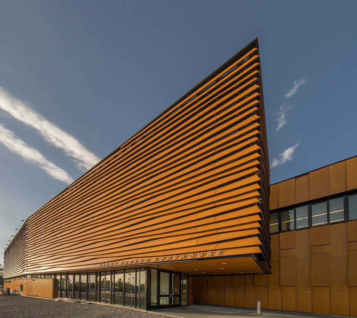 Architectural view of the Harry Parker Boathouse in Brighton, MA.