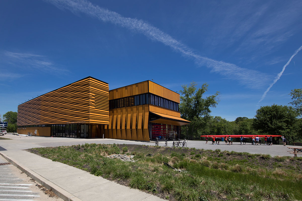 Architectural view of the Harry Parker Boathouse in Brighton, MA.