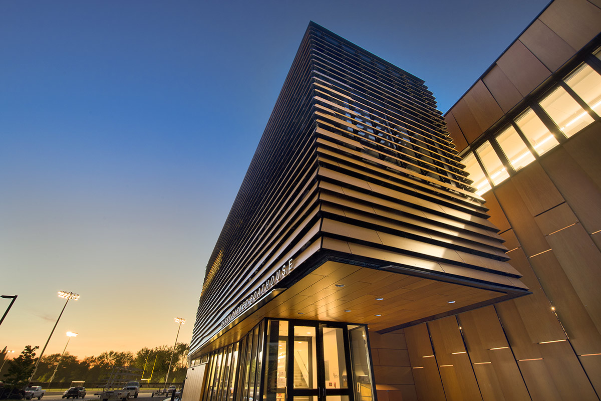 Architectural dusk view of the Harry Parker Boathouse in Brighton, MA.