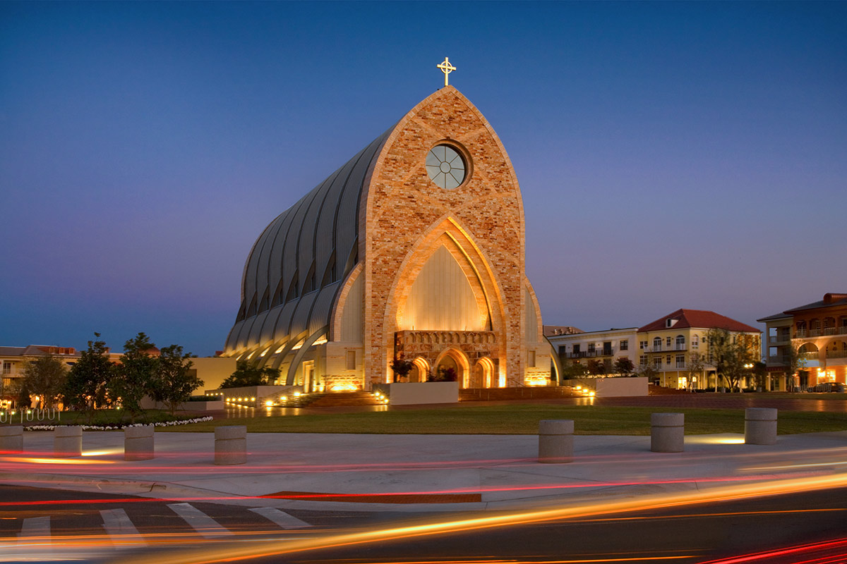 Architectiural dusk view of the Ave Maria oratory in Ave Maria, FL.