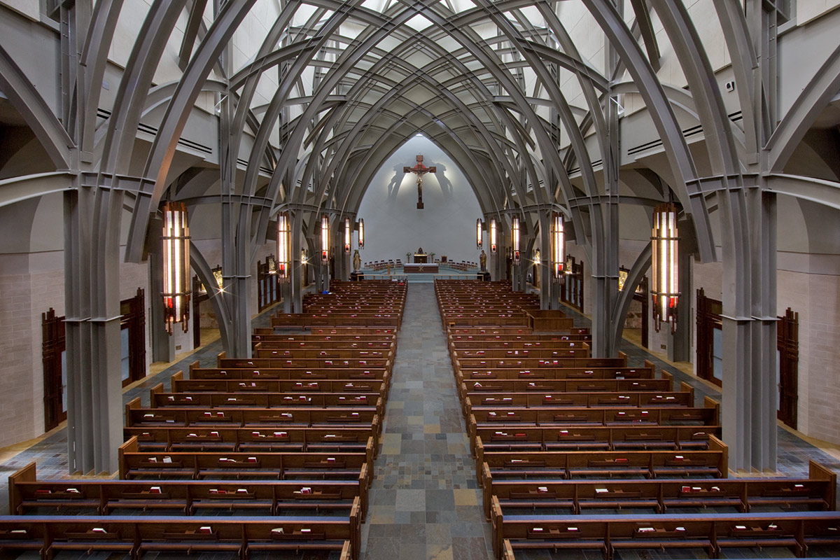 Architectiural interior overhead view of the Ave Maria oratory in Ave Maria, FL.