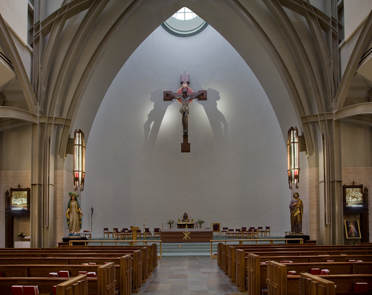 Architectiural interior detail view of the Ave Maria oratory   sancturay in Ave Maria, FL.