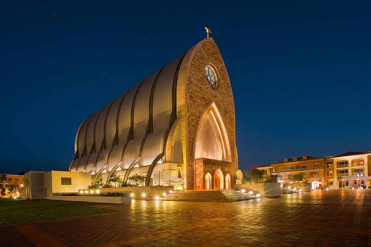 Architectiural dusk view of the Ave Maria oratory in Ave Maria, FL.