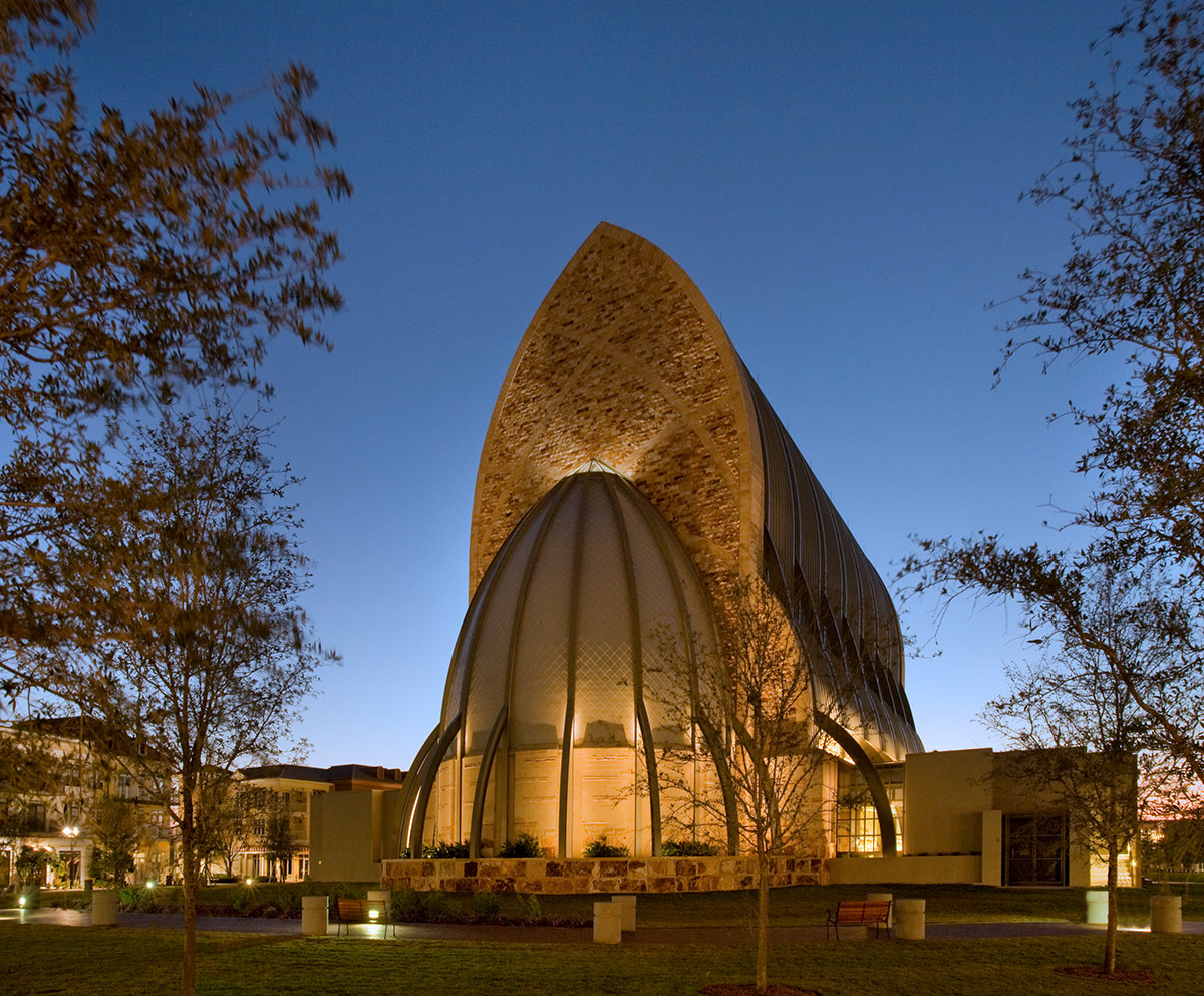 Architectiural dusk view of the Ave Maria oratory in Ave Maria, FL.