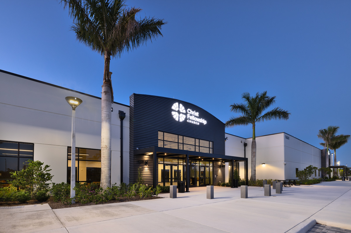 Architectural and interior design views of the Christ Fellowship Church in Westlake, FL.