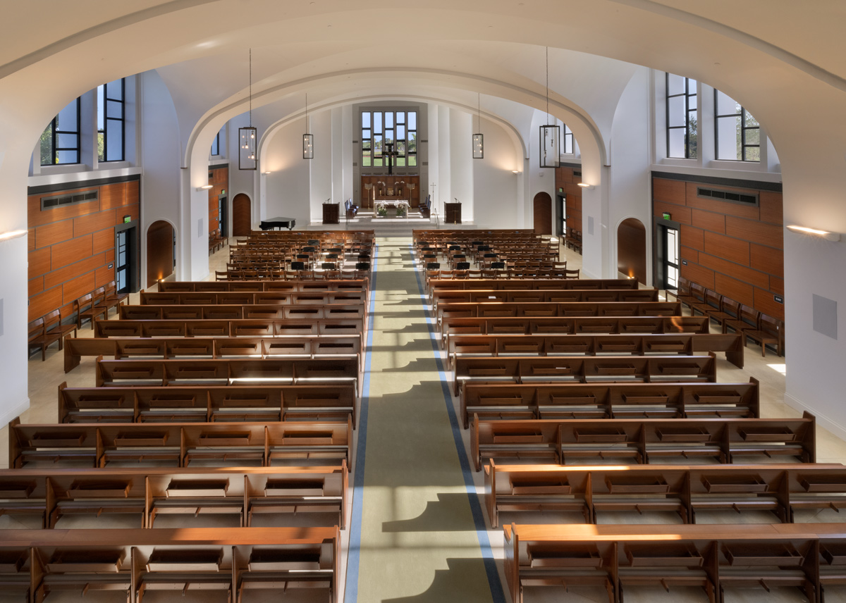 Interior design overhead view of the Palmer Trinity school chapel sanctuary in Miami, FL