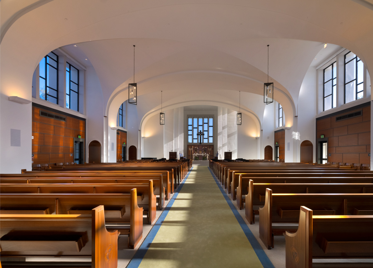 Interior design view of the Palmer Trinity school chapel sanctuary in Miami, FL