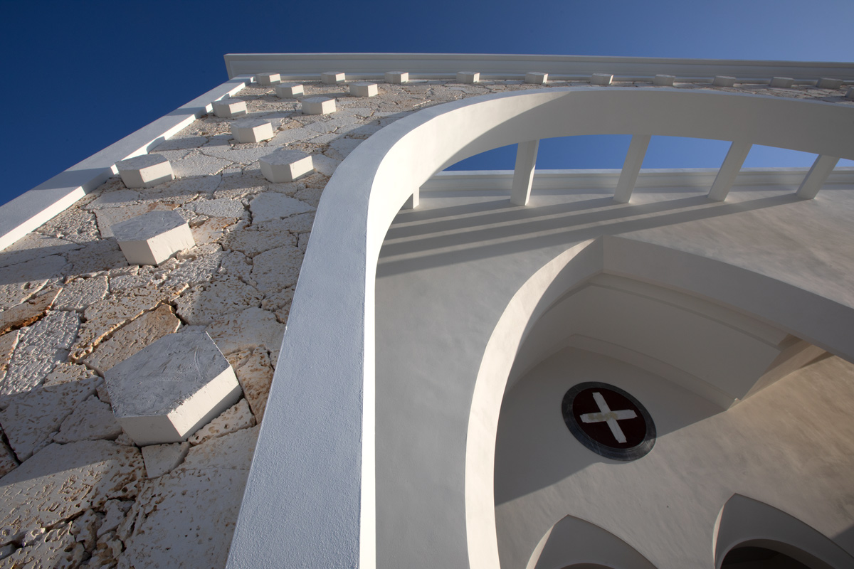 Architectural detail view of the Palmer Trinity school chapel entrance in Miami, FL