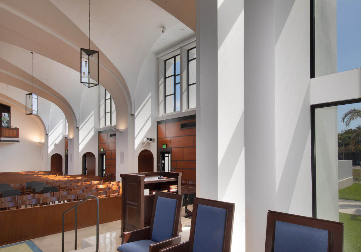 Interior design detail view of the Palmer Trinity school chapel sanctuary in Miami, FL