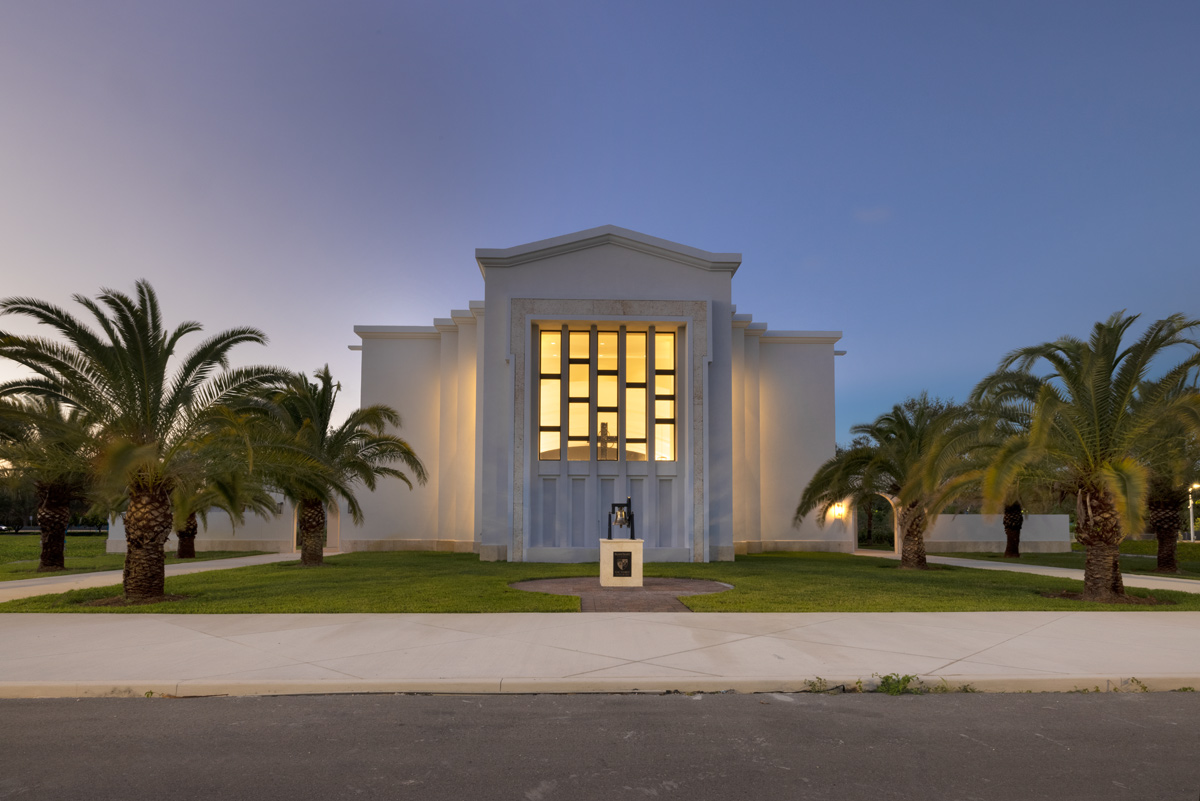 Architectural dusk view of the Palmer Trinity school chapel in Miami, FL.
