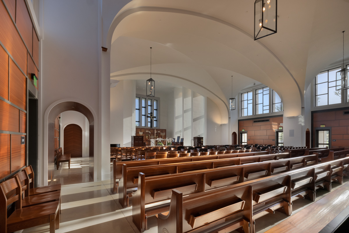 Interior design view of the Palmer Trinity school chapel sanctuary in Miami, FL