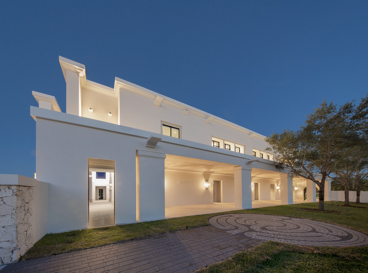 Architectural dusk view of the Palmer Trinity school chapel labyrinth in Miami, FL.