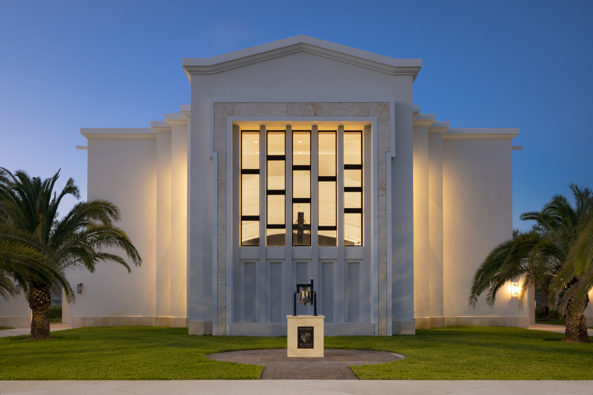 Architectural dusk view of the Palmer Trinity school chapel in Miami, FL.