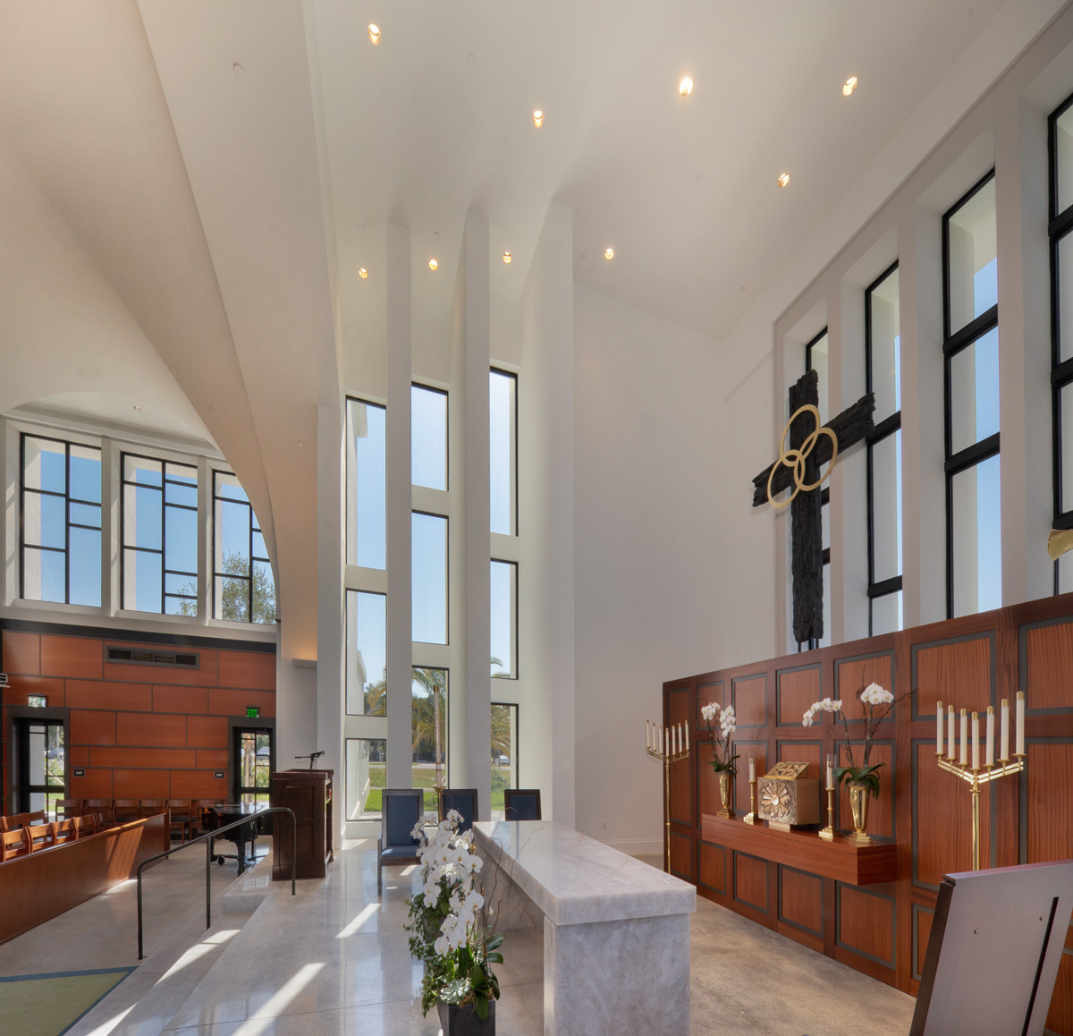 Interior design detail view of the Palmer Trinity school chapel sanctuary in Miami, FL