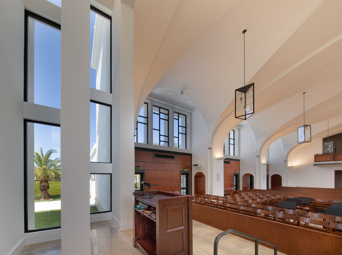 Interior design detail view of the Palmer Trinity school chapel sanctuary in Miami, FL