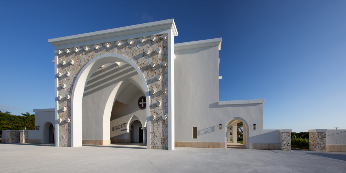 Architectural view of the Palmer Trinity school chapel entrance in Miami, FL