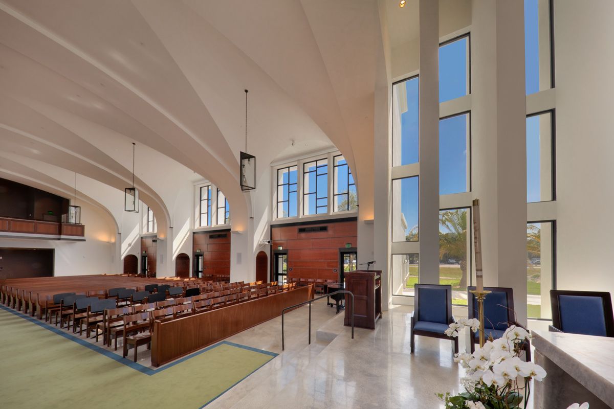 Interior design detail view of the Palmer Trinity school chapel sanctuary in Miami, FL