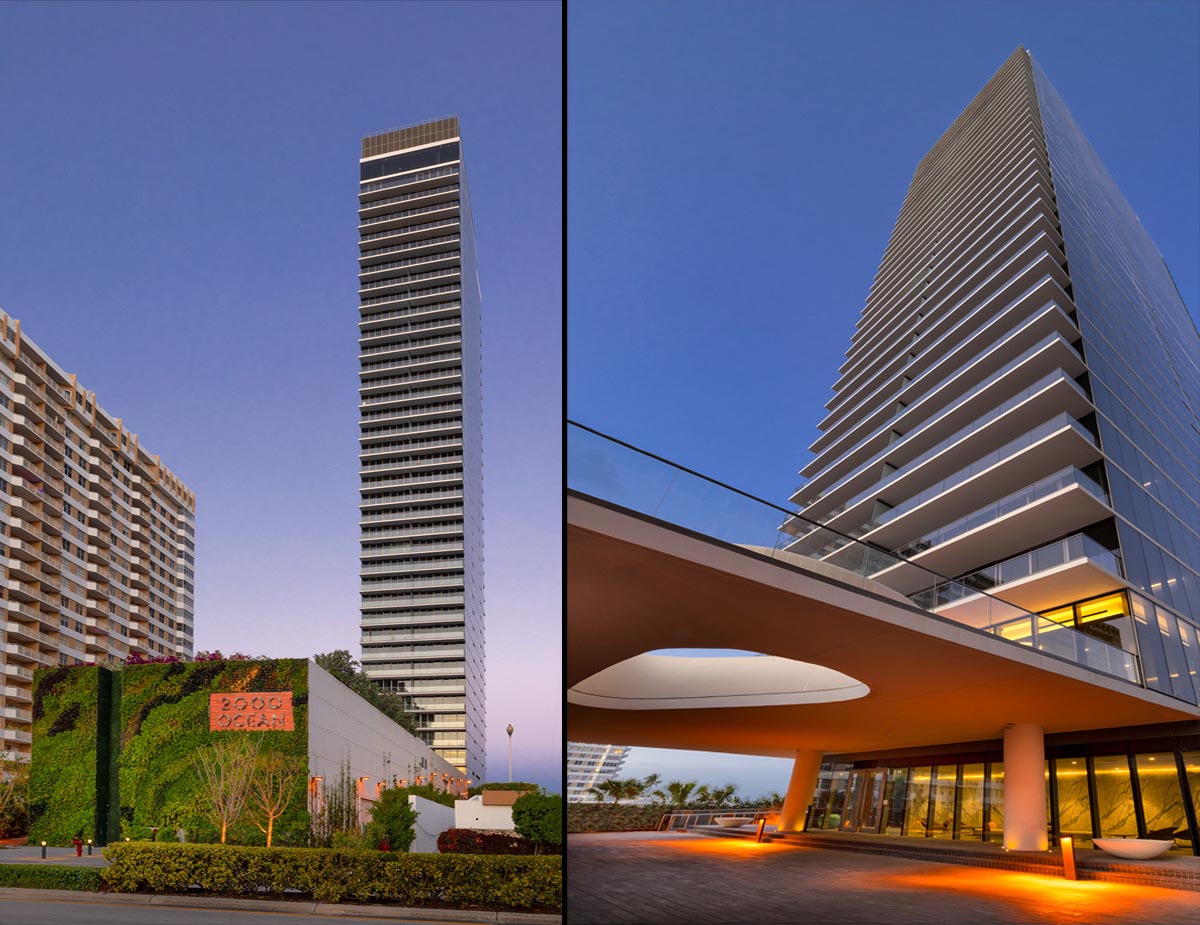 Architectural dusk views of the 2000 Ocean condo in Hallandale Beach, FL.