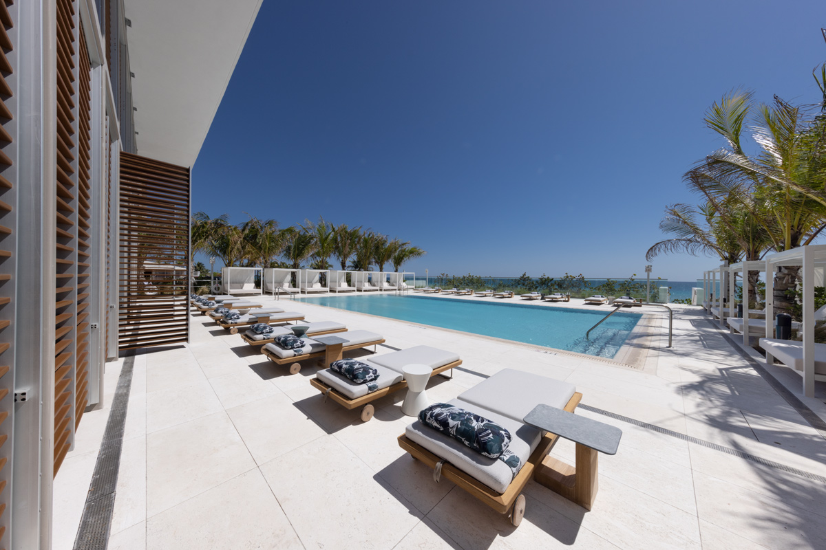 Architectural pool view at the 2000 Ocean condo in Hallandale Beach, FL.