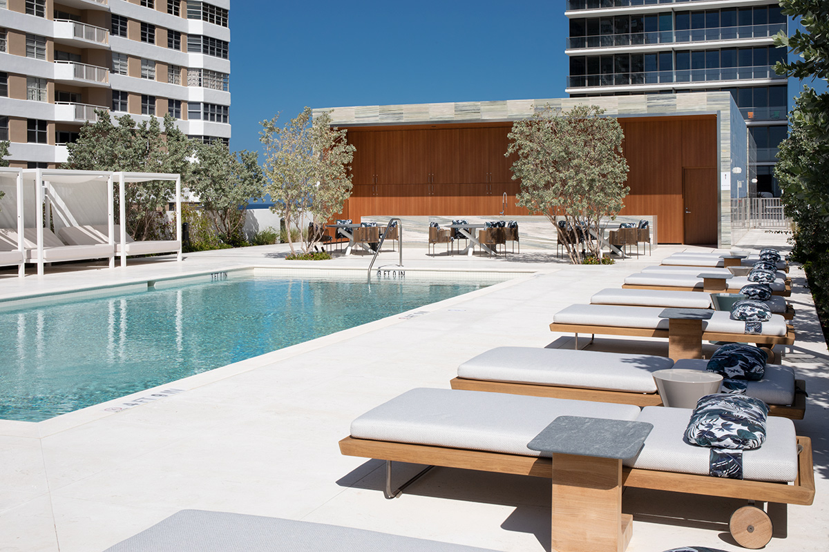 Architectural pool deck views of the 2000 Ocean condo in Hallandale Beach, FL.