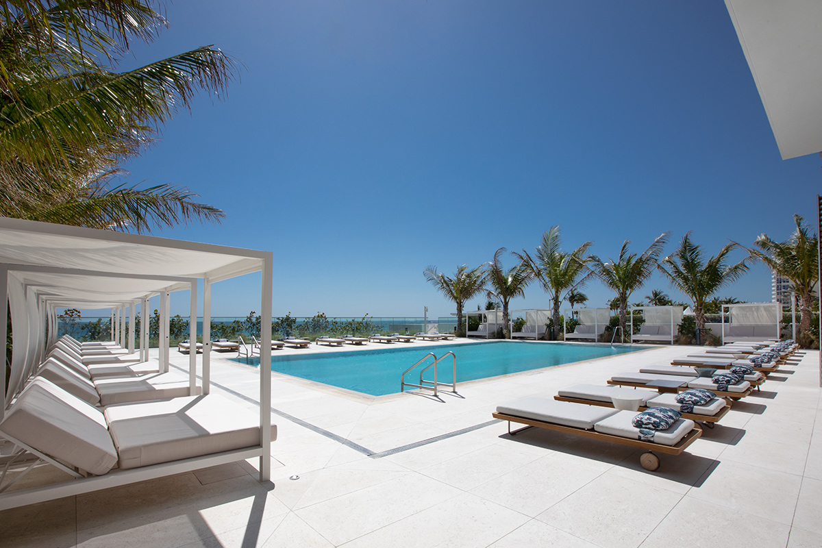 Architectural pool view at the 2000 Ocean condo in Hallandale Beach, FL.