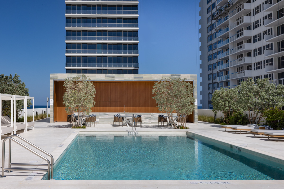 Architectural pool deck view of the 2000 Ocean condo in Hallandale Beach, FL.