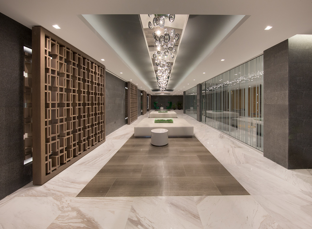 Interior design view of the lobby at the 400 Sunny Isles condo.