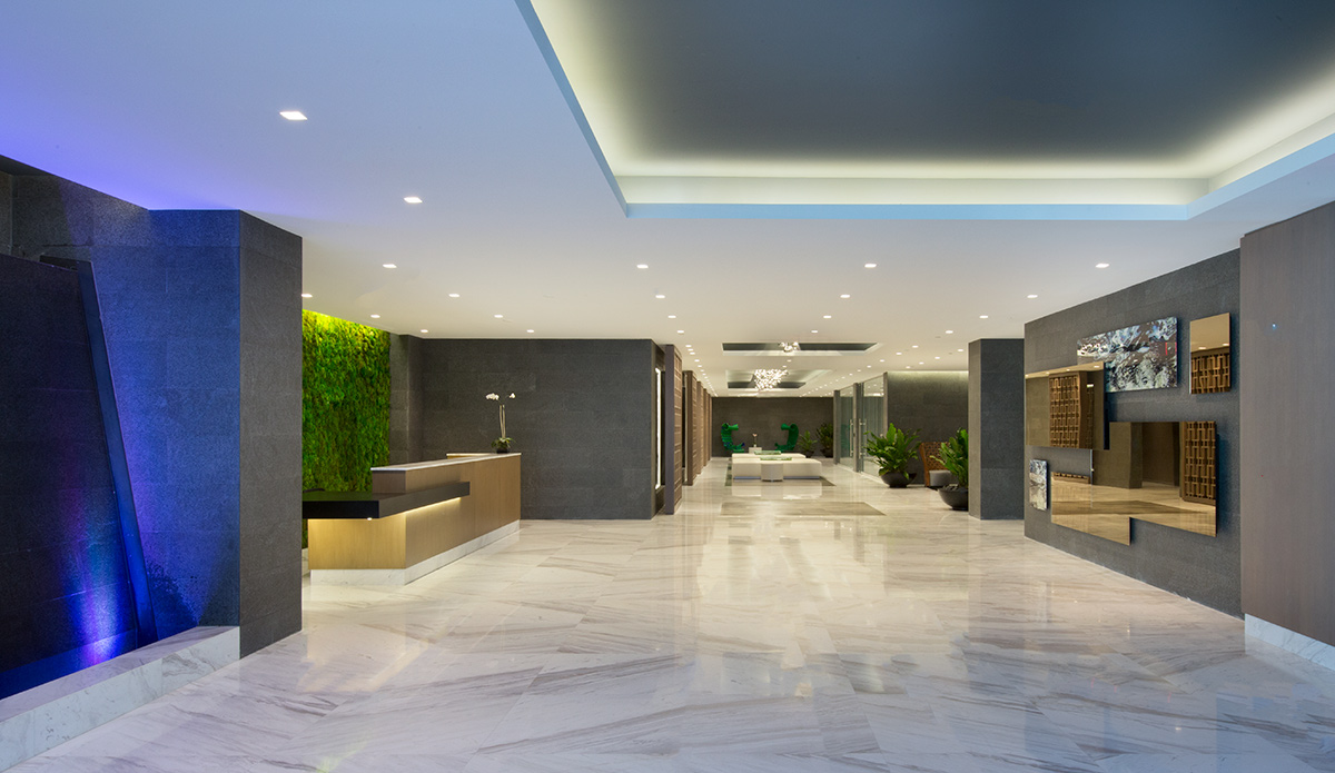 Interior design view of the lobby at the 400 Sunny Isles condo.