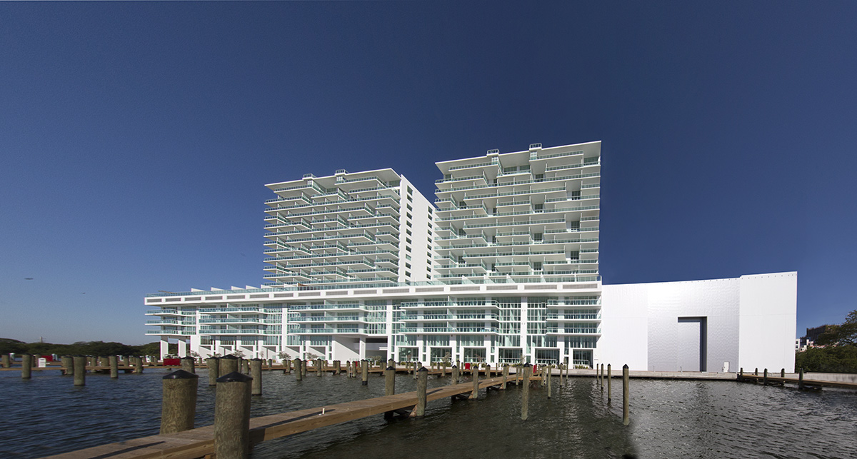 Architectiural water view of 400 Sunny Isles condo.