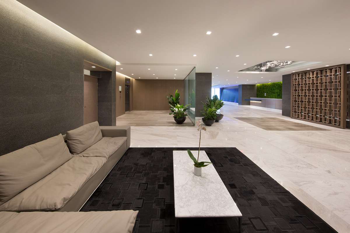 Interior design view of the lobby at the 400 Sunny Isles condo.