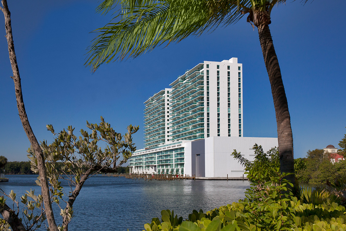 Architectiural water view of 400 Sunny Isles condo.