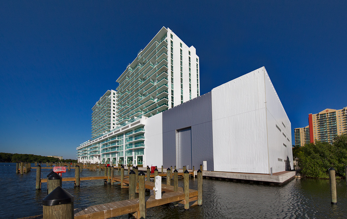 Architectiural water view of 400 Sunny Isles condo.