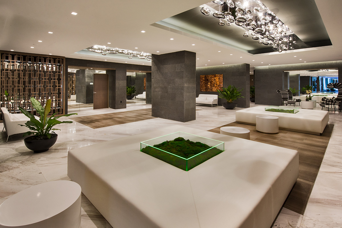 Interior design view of the lobby at the 400 Sunny Isles condo.