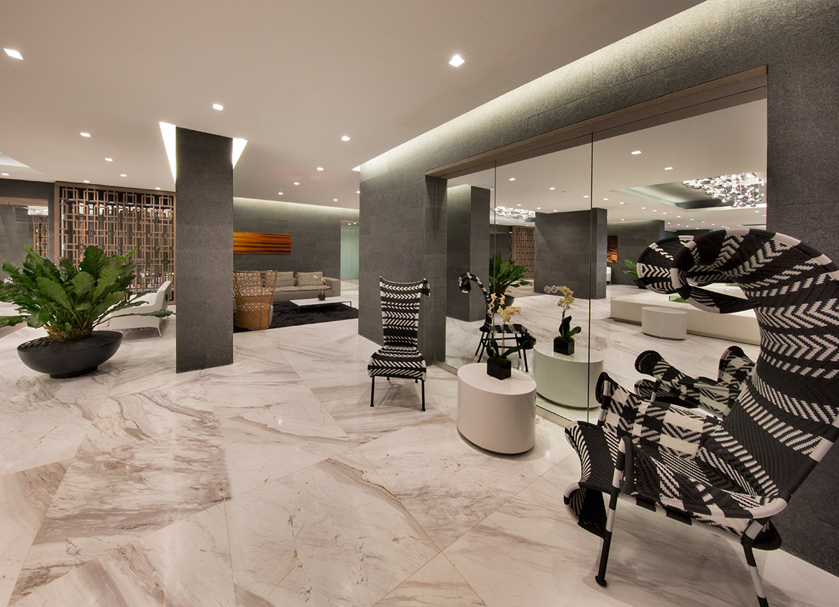 Interior design view of the lobby at the 400 Sunny Isles condo.