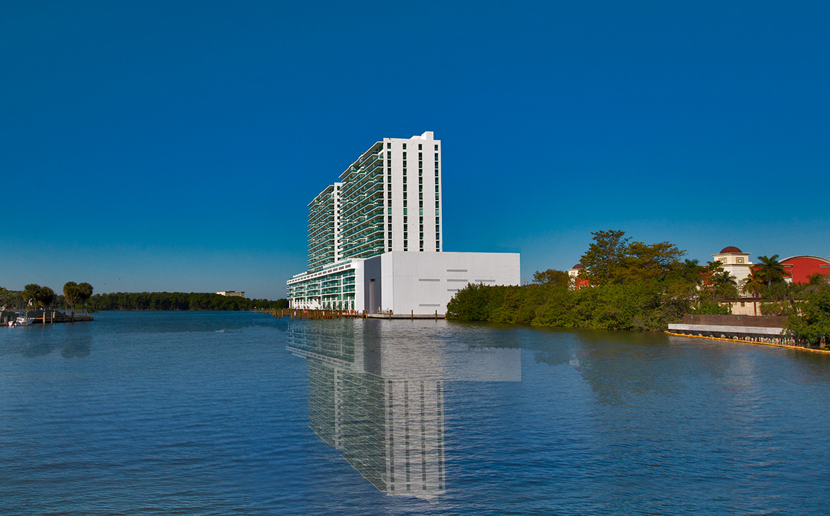 Architectiural water view of 400 Sunny Isles condo.