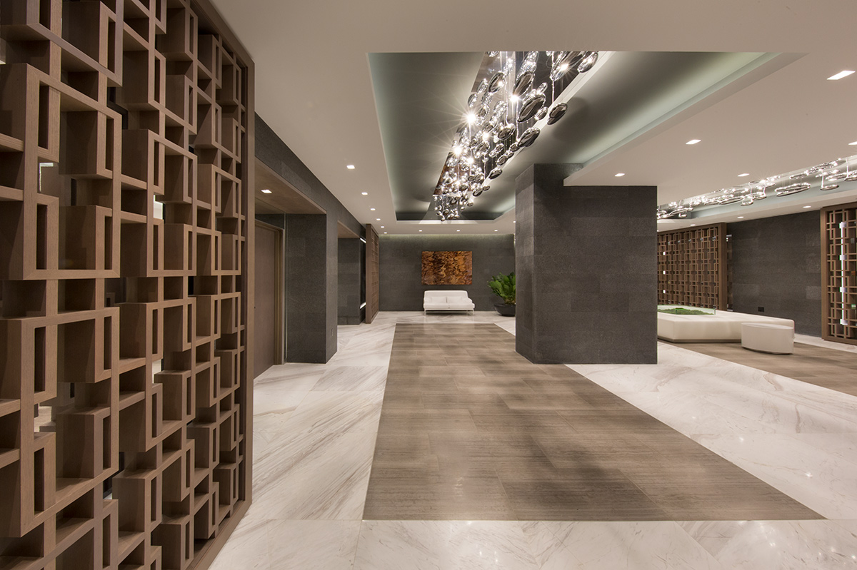 Interior design view of the lobby at the 400 Sunny Isles condo.