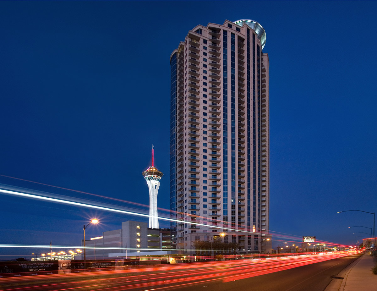 Architectural dusk view at the Allure condo Las Vegas.