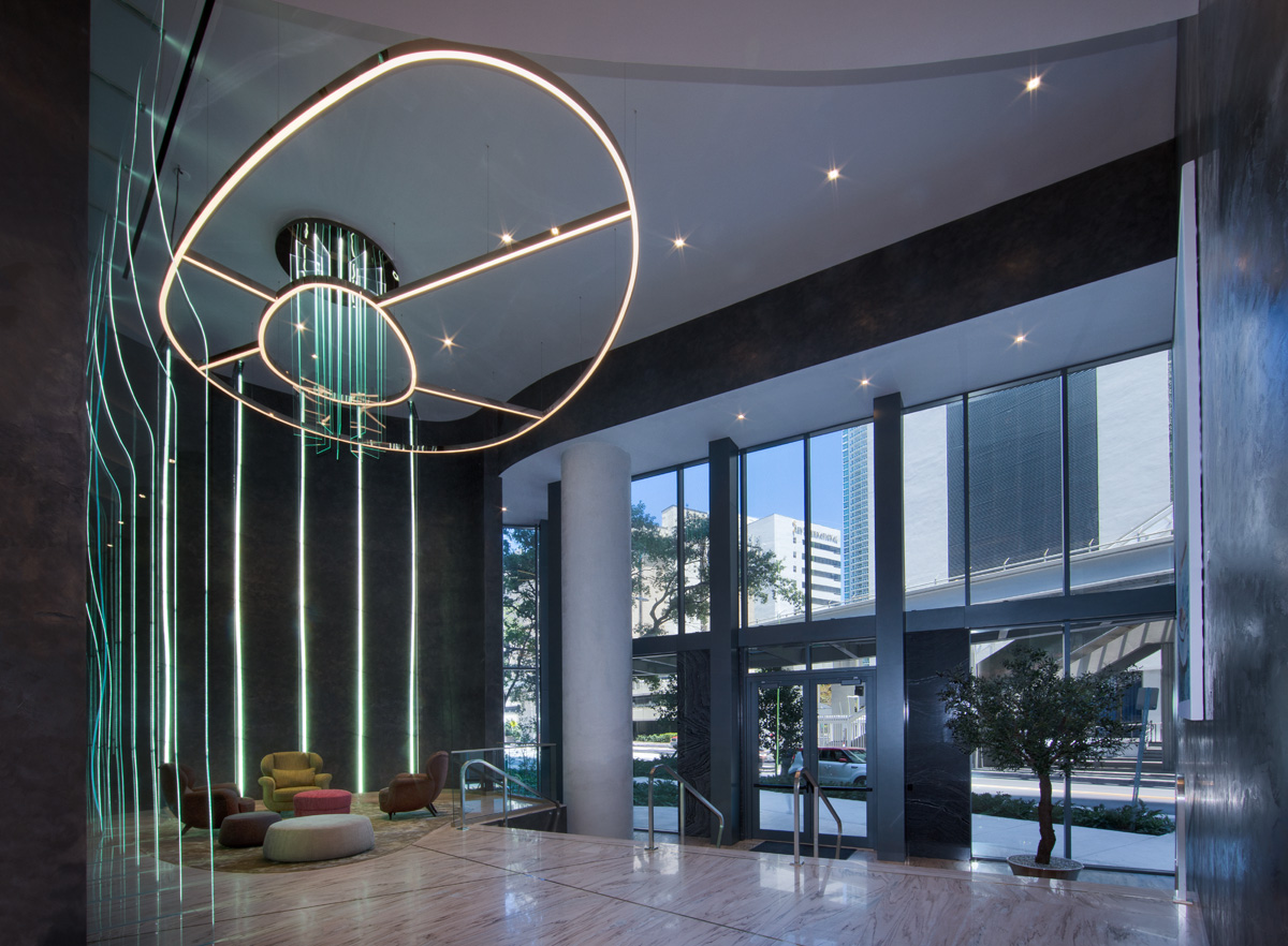 Interior design view of Brickell Flatiron lobby in Downtown Miami, FL