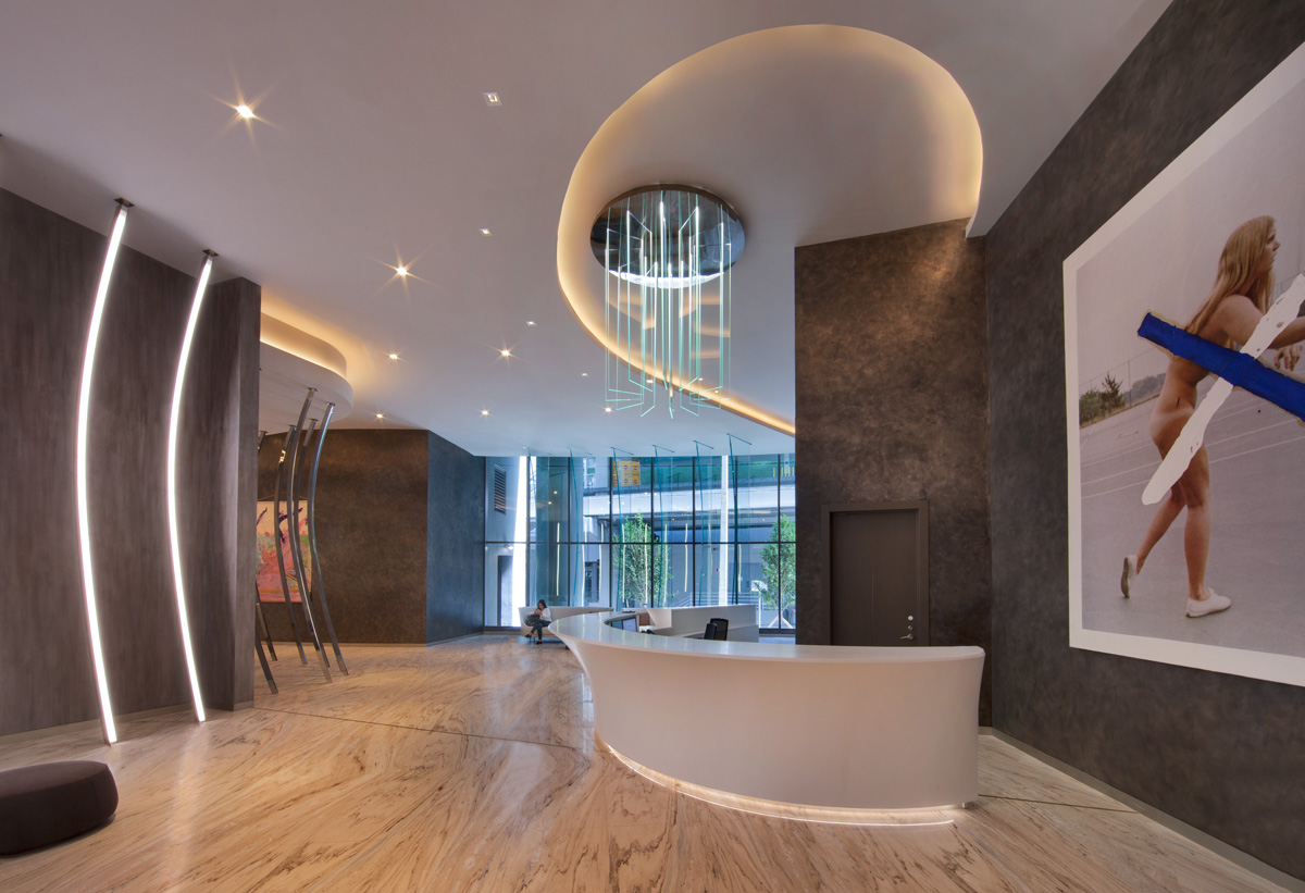 Interior design view of Brickell Flatiron reception in downtown Miami.