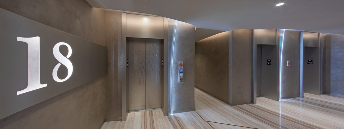 Interior design view of Brickell Flatiron elevator lobby in downtown Miami