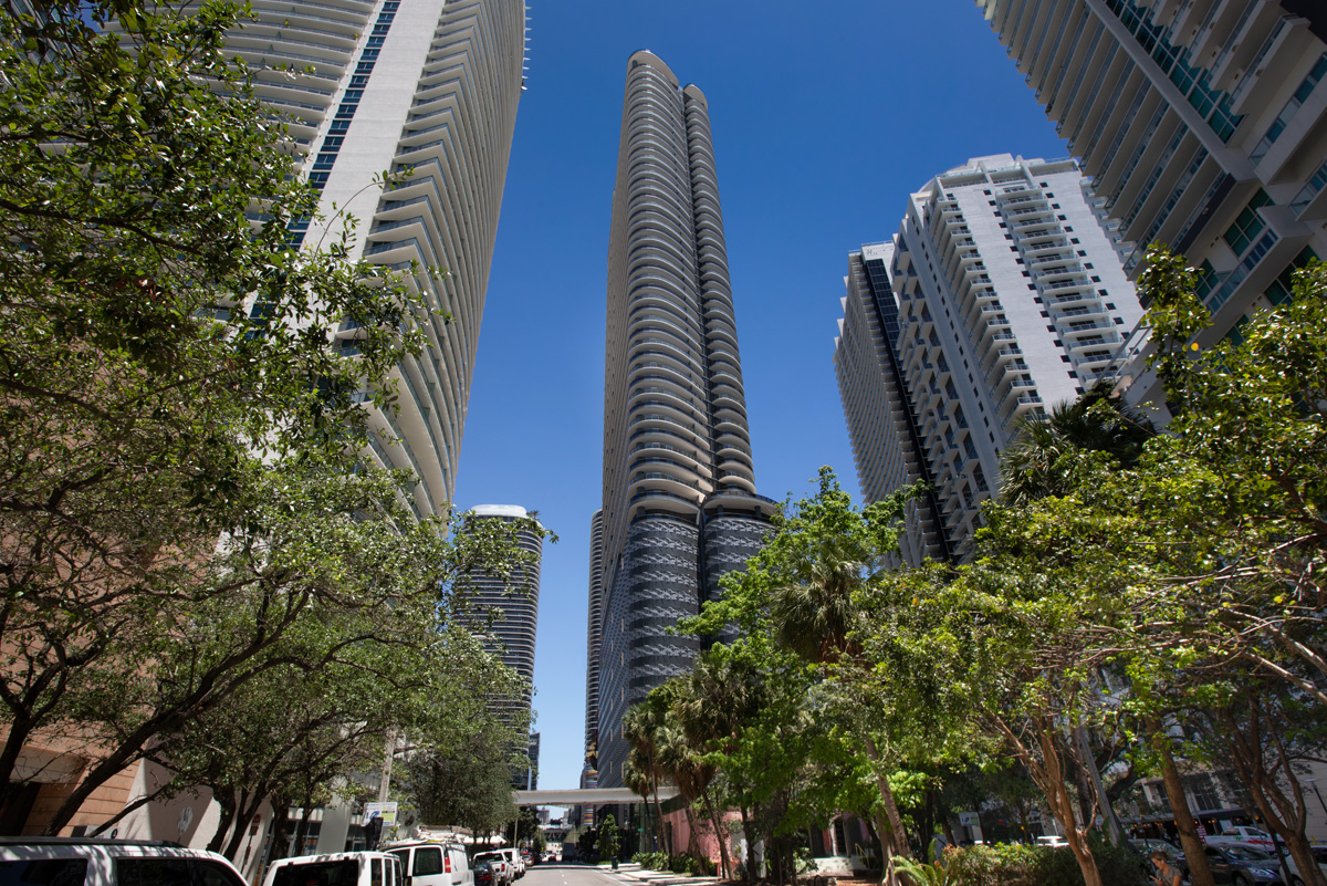 Architectural view of Brickell Flatiron in downtown Miami