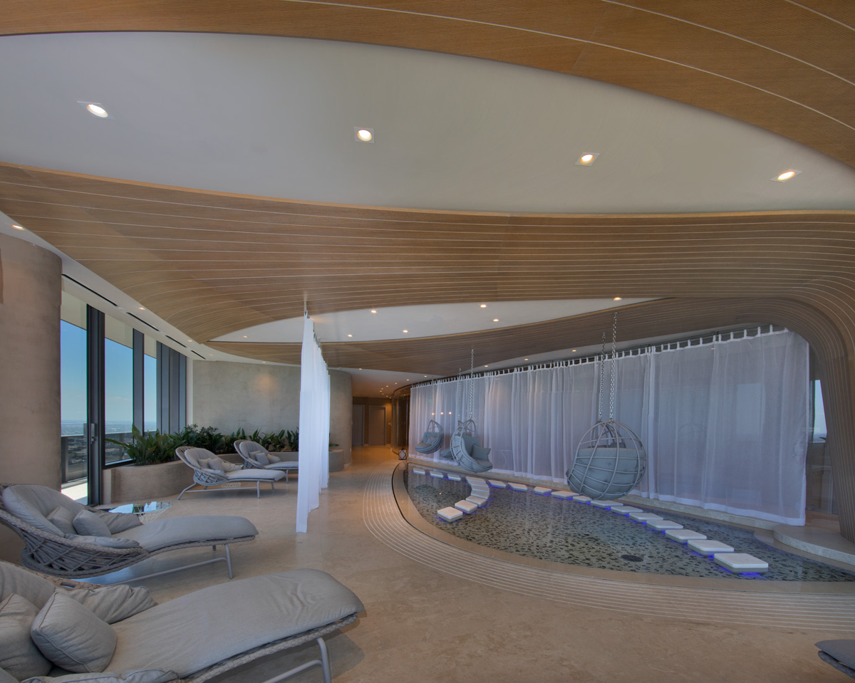 Interior design view of Brickell Flatiron spa in downtown Miami.