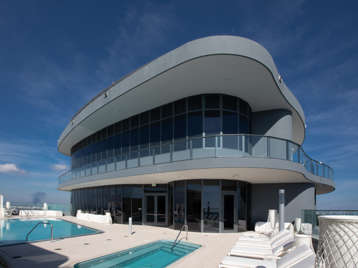 Architectural view of Brickell Flatiron pool deck in downtown Miami.