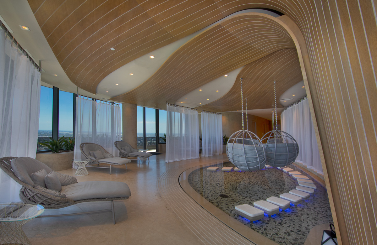 Interior design view of Brickell Flatiron spa in downtown Miami.