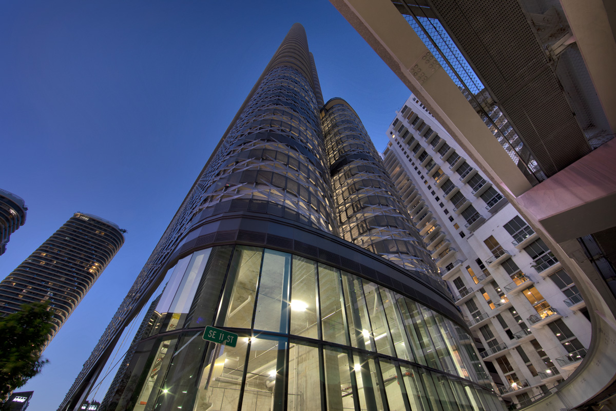 Architectural dusk views of Brickell Flatiron in downtown Miami.